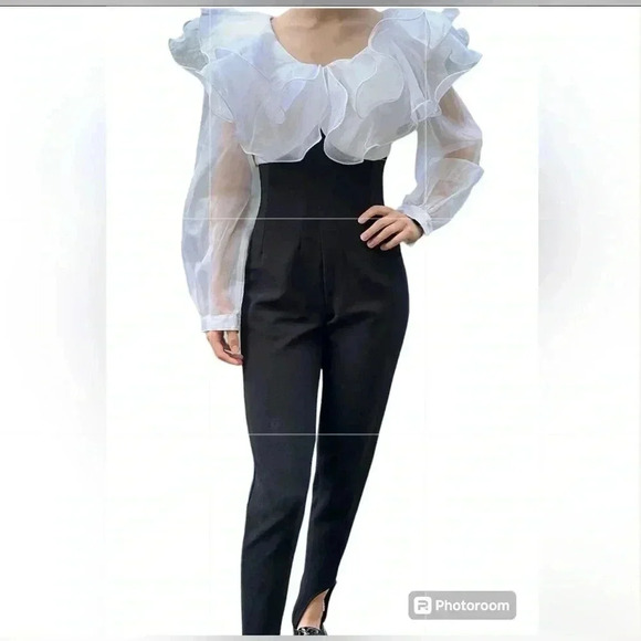 Pants - Vintage RARE organza Jumpsuit. Xs-S ruffle stirrup bottom unique Christmas Xmas